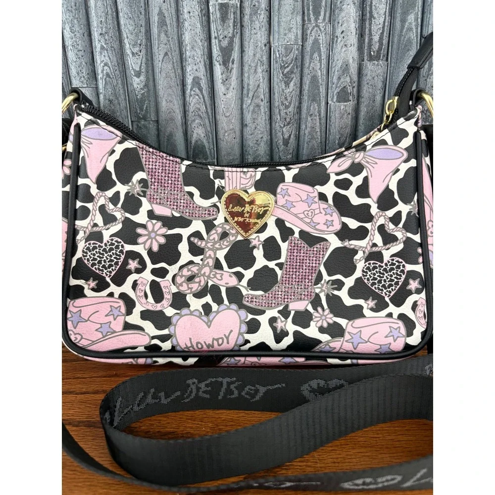 Luv Betsey Johnson Cowgirl Western Cow Print Crossbody Bag and Pouch Set Pink